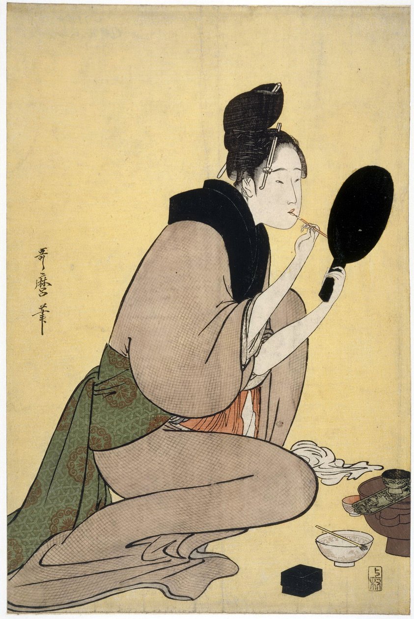 关于美：女人化妆她的嘴唇 - Bijin-ga。 女孩在唇上化妆，北川歌摩 (1753-1806)，-彩色木刻，37,7x25,2-私人收藏 作者 北川宇多郎