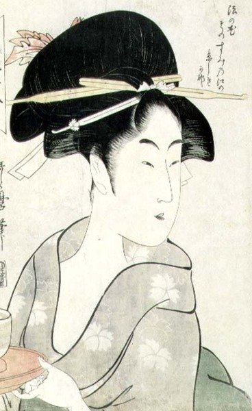T H Riches 1913年 手持茶杯的妇女半身像，来自 "Meisho Koshikake Hakkei "系列（木版画）。 作者 北川宇多郎