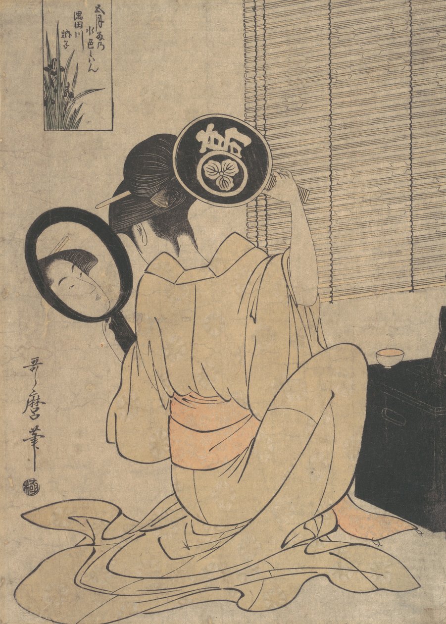 高岛大久使用两面镜子观察她的发型，约1795年。 作者 北川宇多郎