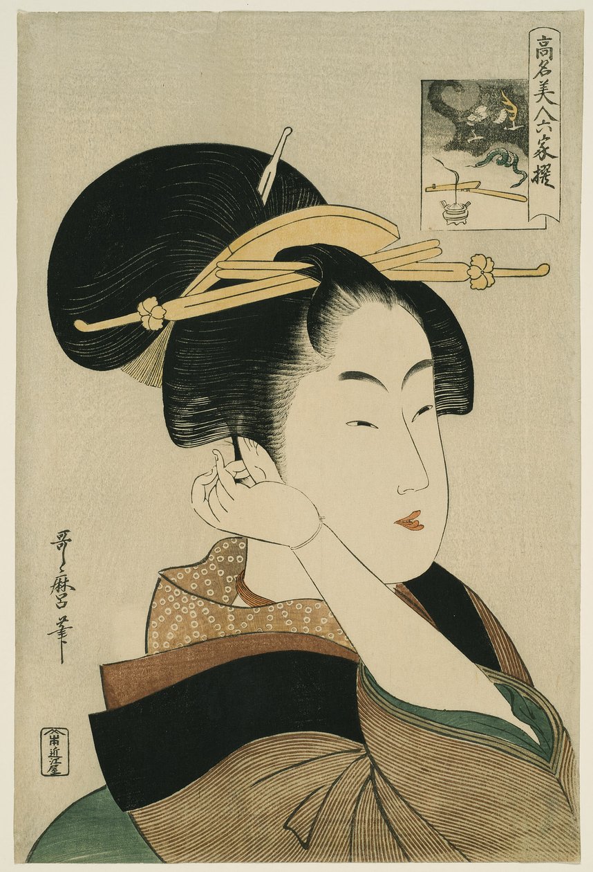 Tatsumi Roko，选自 "被比作六位不朽诗人的著名美人 "系列（"Komei bijin rokkasen") 作者 北川宇多郎