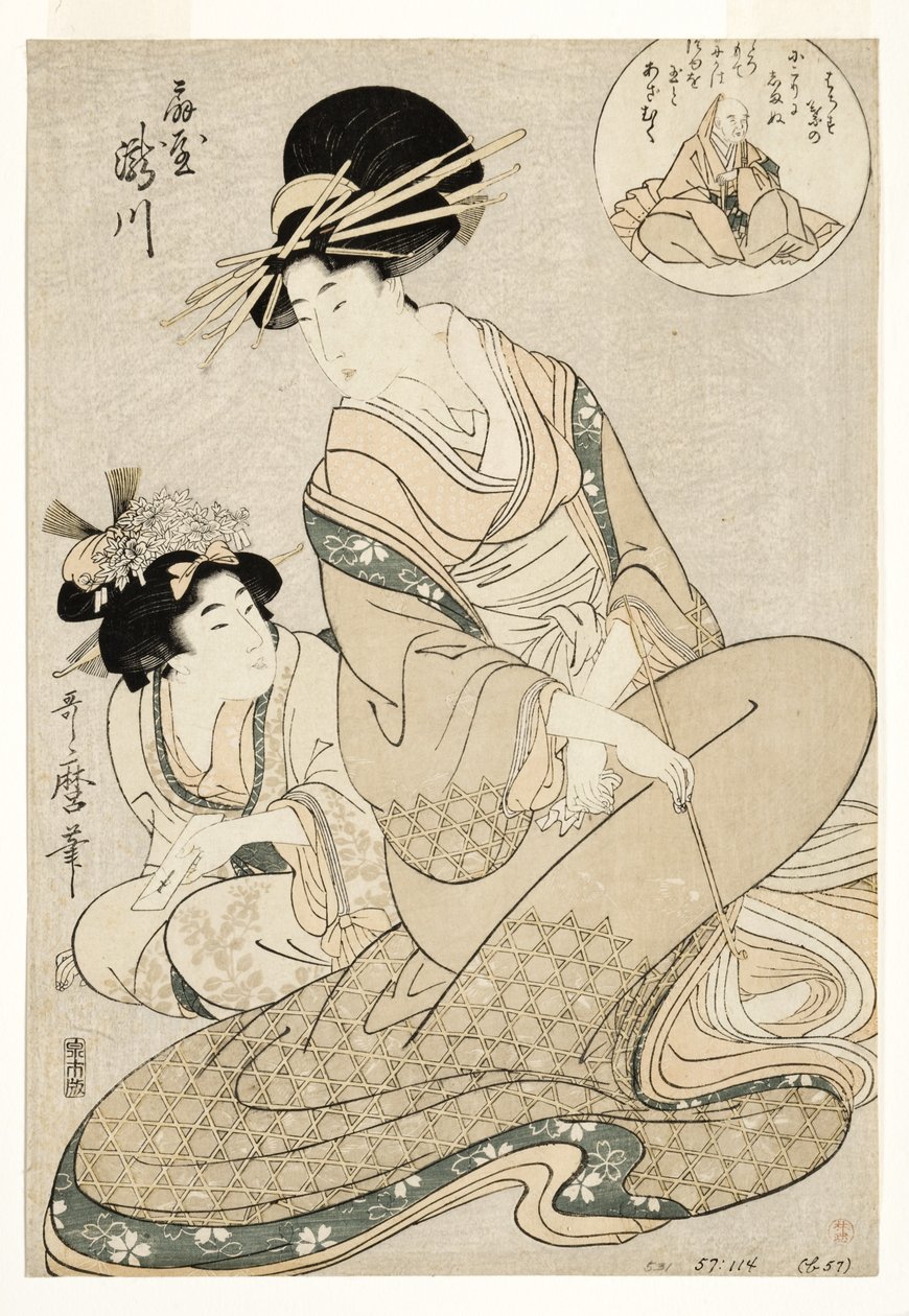 泷川妓女和她的Ogiya服务员暗指诗人，1800-02（木刻） 作者 北川宇多郎