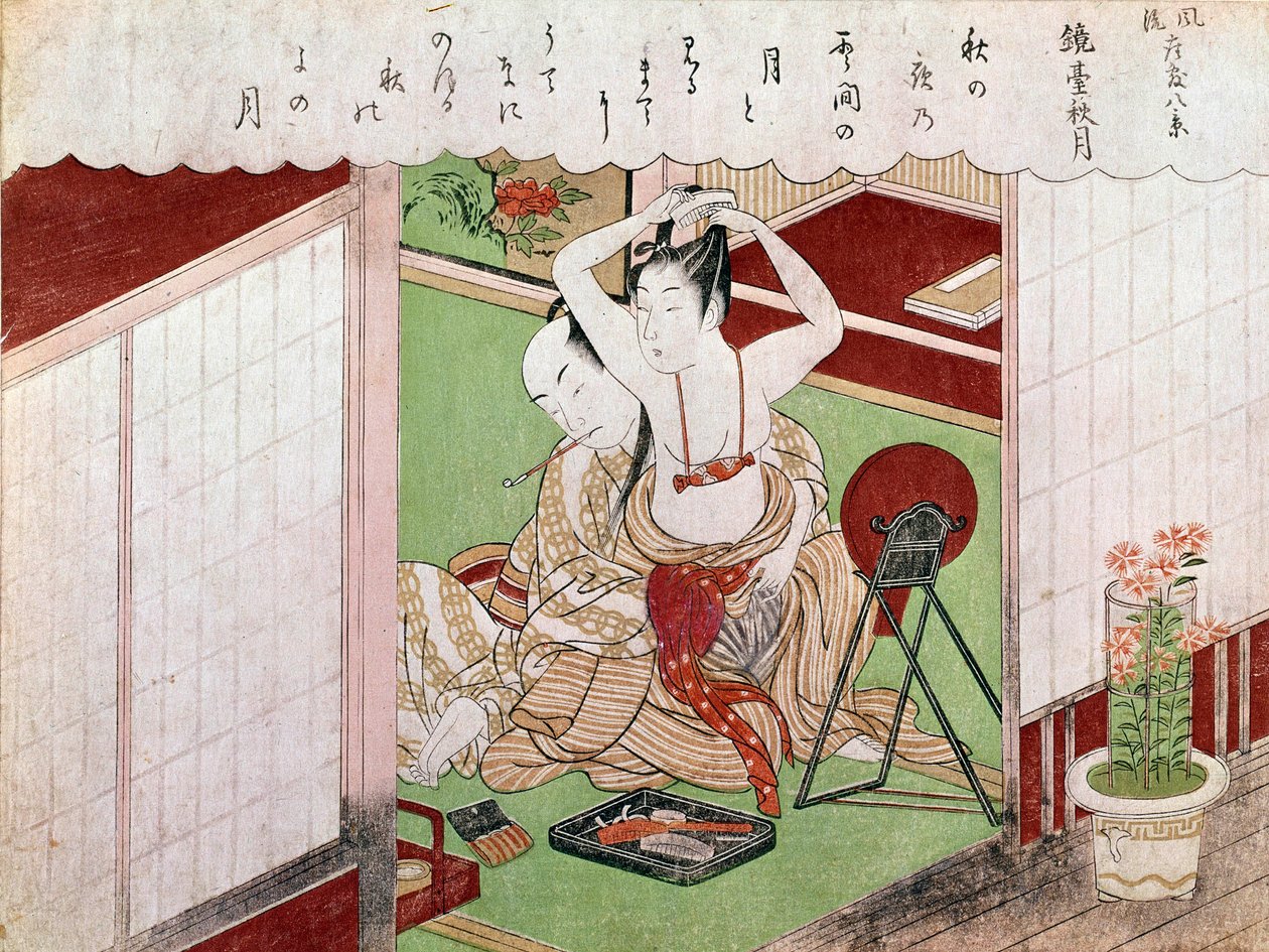 The toilet of the elegante Japanese print by Utamaro Kitagawa (1753-1806). Sun. 0,38x0,25 m. 1794-1795. Paris, Guimet Museum, National Museum of Asian Arts 作者 北川宇多郎