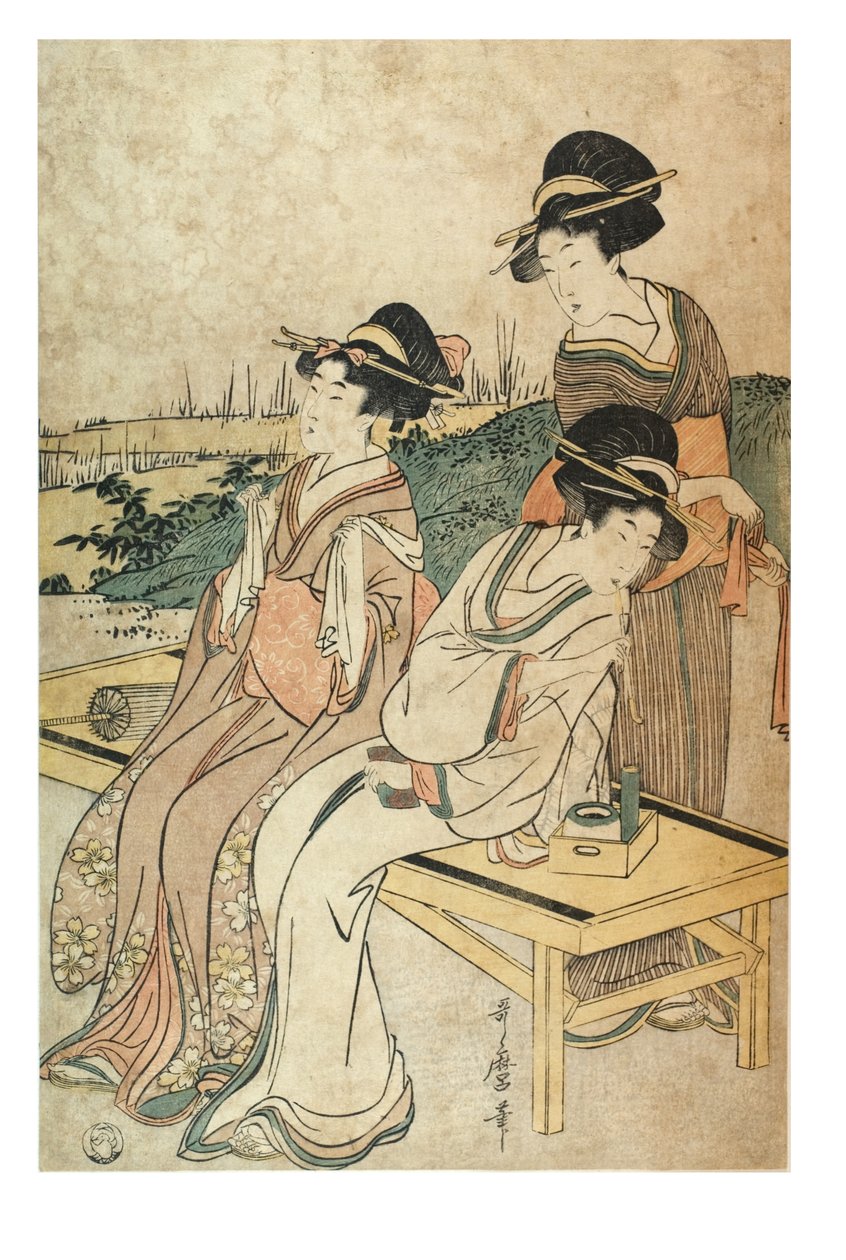 三个女人在风景中休闲，约1800-1801（纸上木版画） 作者 北川宇多郎