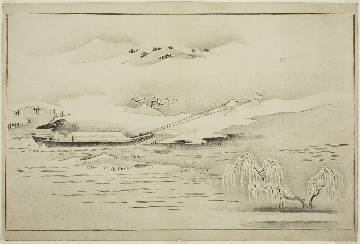 拖曳在雪中的驳船，摘自专辑《银世界》，1790年 作者 北川宇多郎