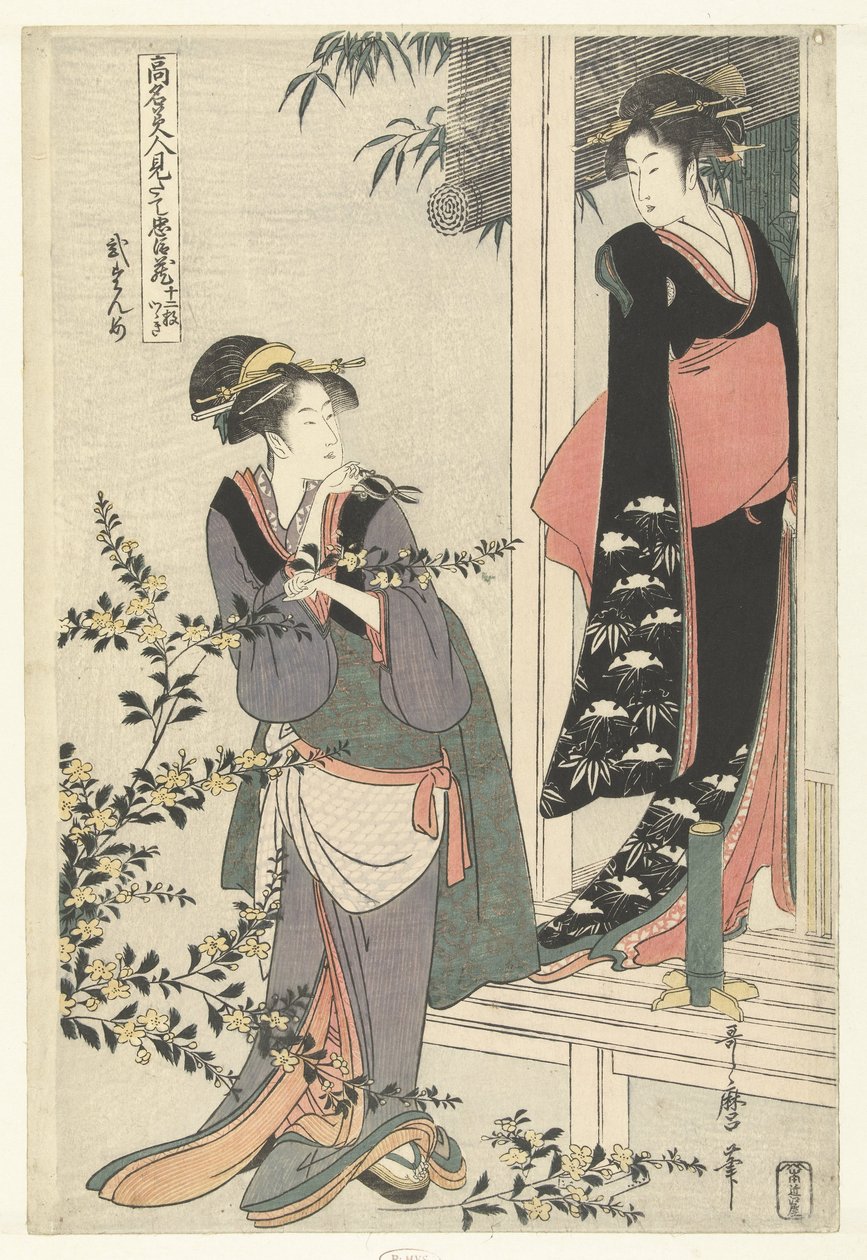 山吹花丛边的两个女人：第二幕。
霓裳羽衣曲
著名美女模仿中村。(系列名称）
Komei bijin mitate Chushingura（物品上的系列名称） 作者 北川宇多郎