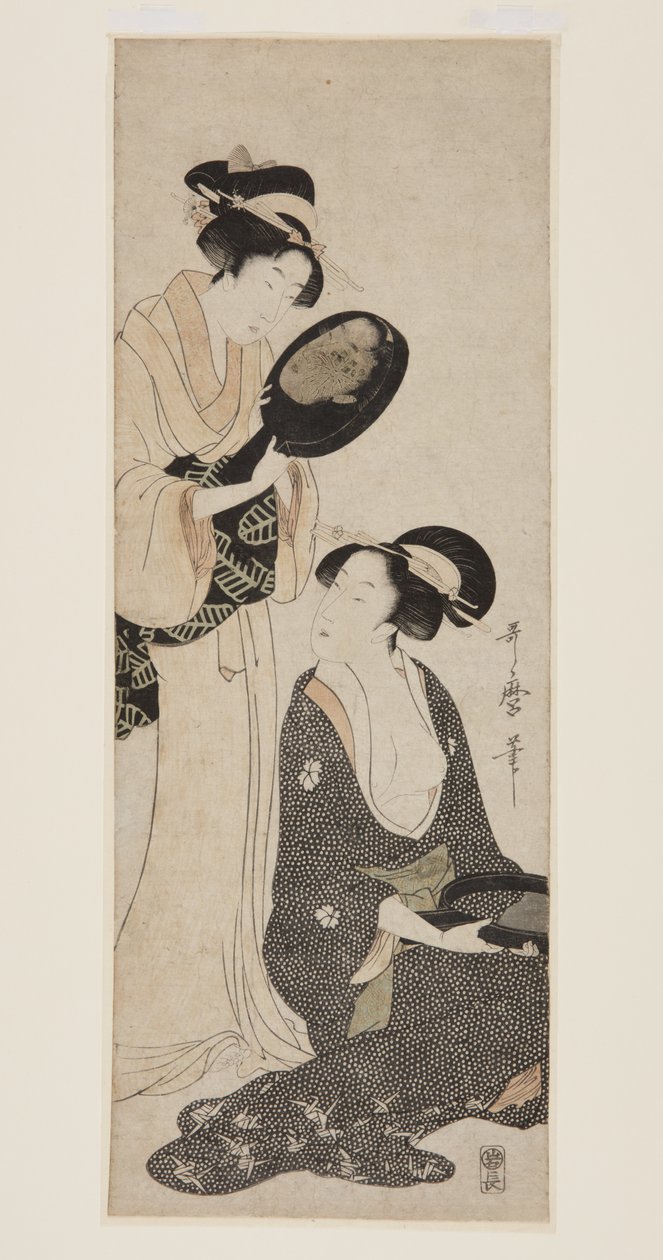 两位女士，每个人都有一块漆面镜子（彩色木版画 作者 北川宇多郎