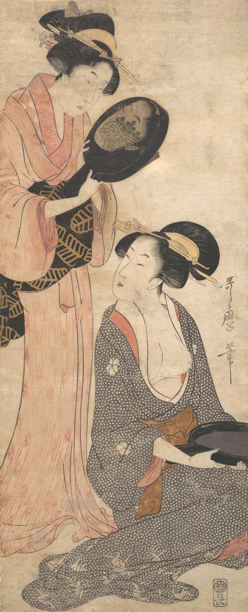 两位女士，每个人都有一部分漆面镜子，1790年代。 作者 北川宇多郎