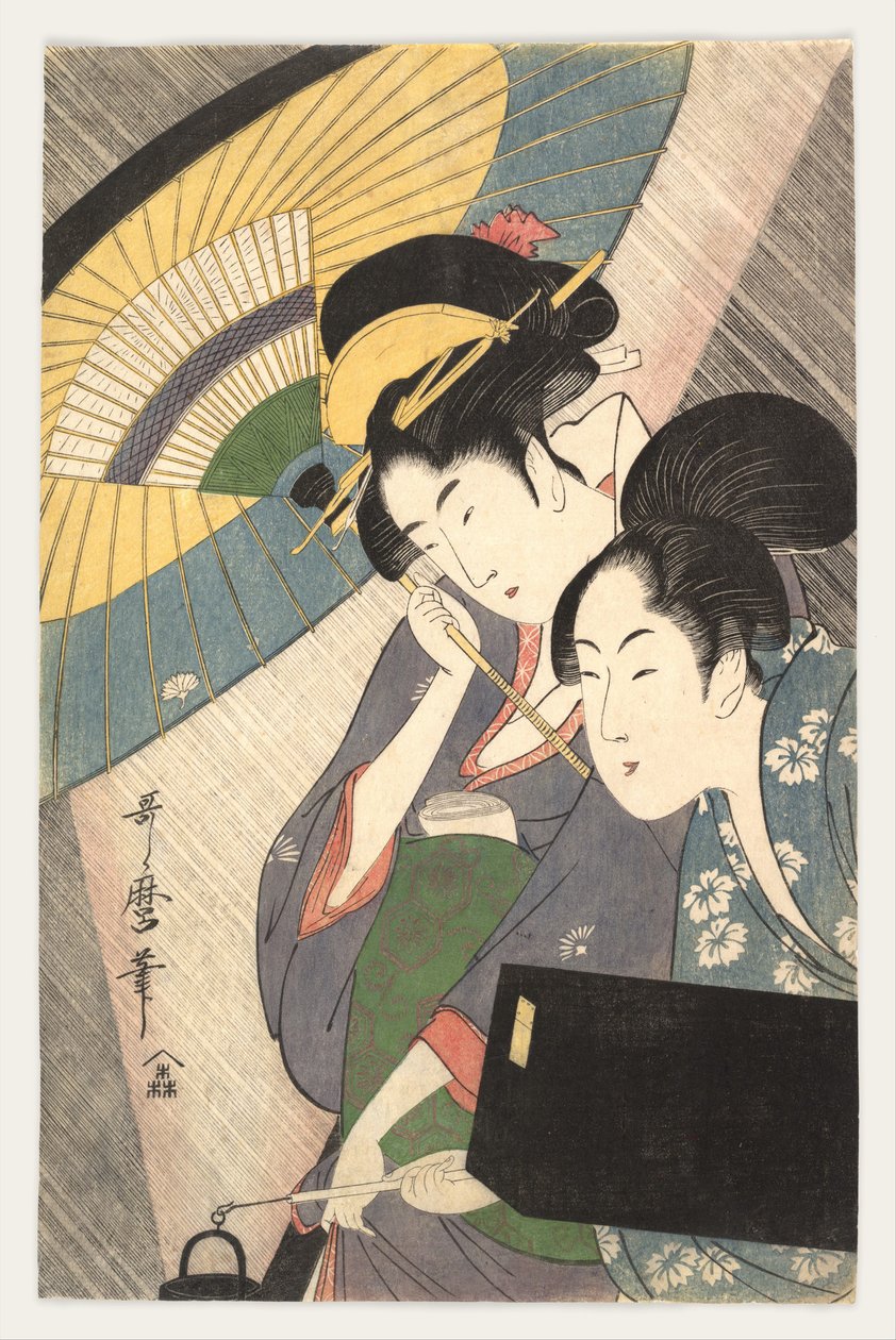 两个女人在伞下，1790年代 作者 北川宇多郎