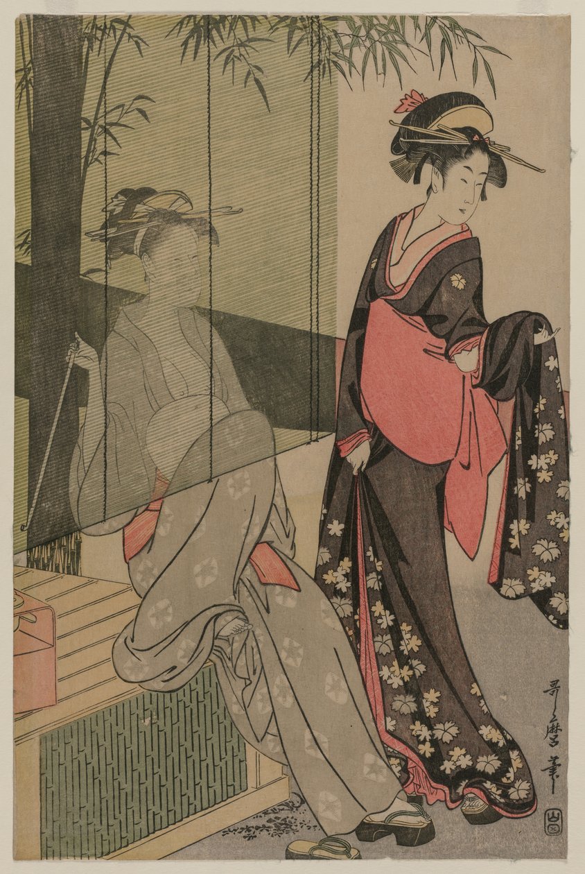 竹帘的两个女人，c。 1797或1798。 作者 北川宇多郎