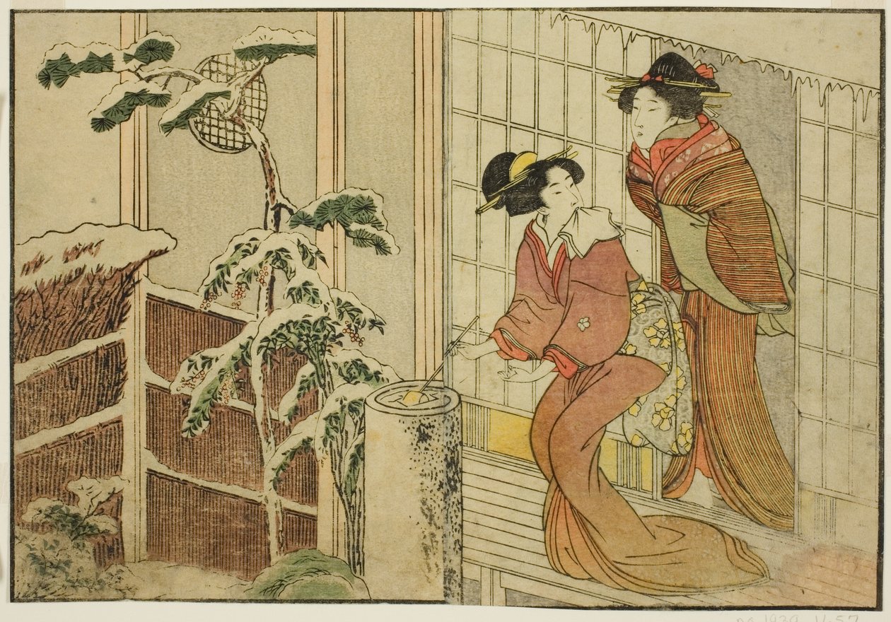 雪后清晨阳台上的两个女人》，选自绘本《图画书：四季之花（Ehon shiki no hana）"，第 2 卷 作者 北川宇多郎