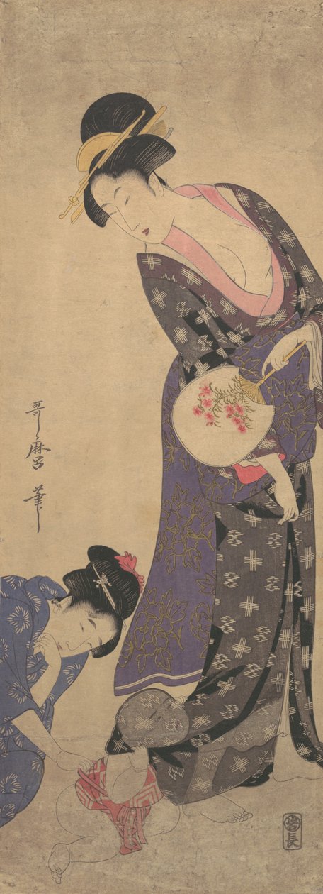 两个女人和一个正在地板上玩耍的婴儿，约1793年。 作者 北川宇多郎
