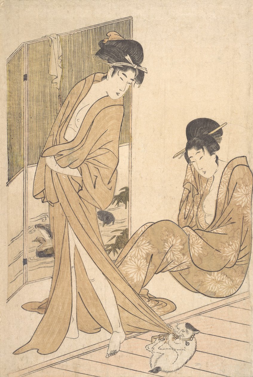 两位年轻女子沐浴后裹在浴衣里，约1796年。 作者 北川宇多郎
