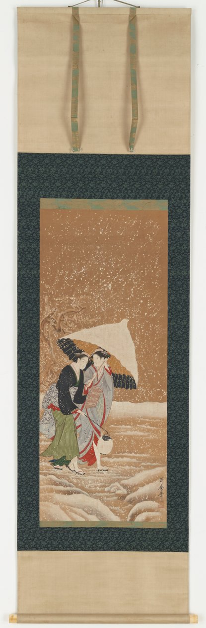 暴风雪中伞下的两个女孩，1753-1806。 作者 北川宇多郎