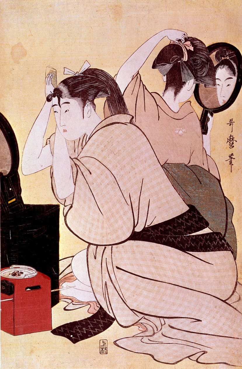 两个女人都有自己的发型：一个看着自己的发型，另一个梳着北川歌郎（1753-1806）的日本版画。 太阳。 0,38x0,25 米。 1794-1795 年。 巴黎，吉美博物馆，亚洲艺术国家博物馆 作者 北川宇多郎