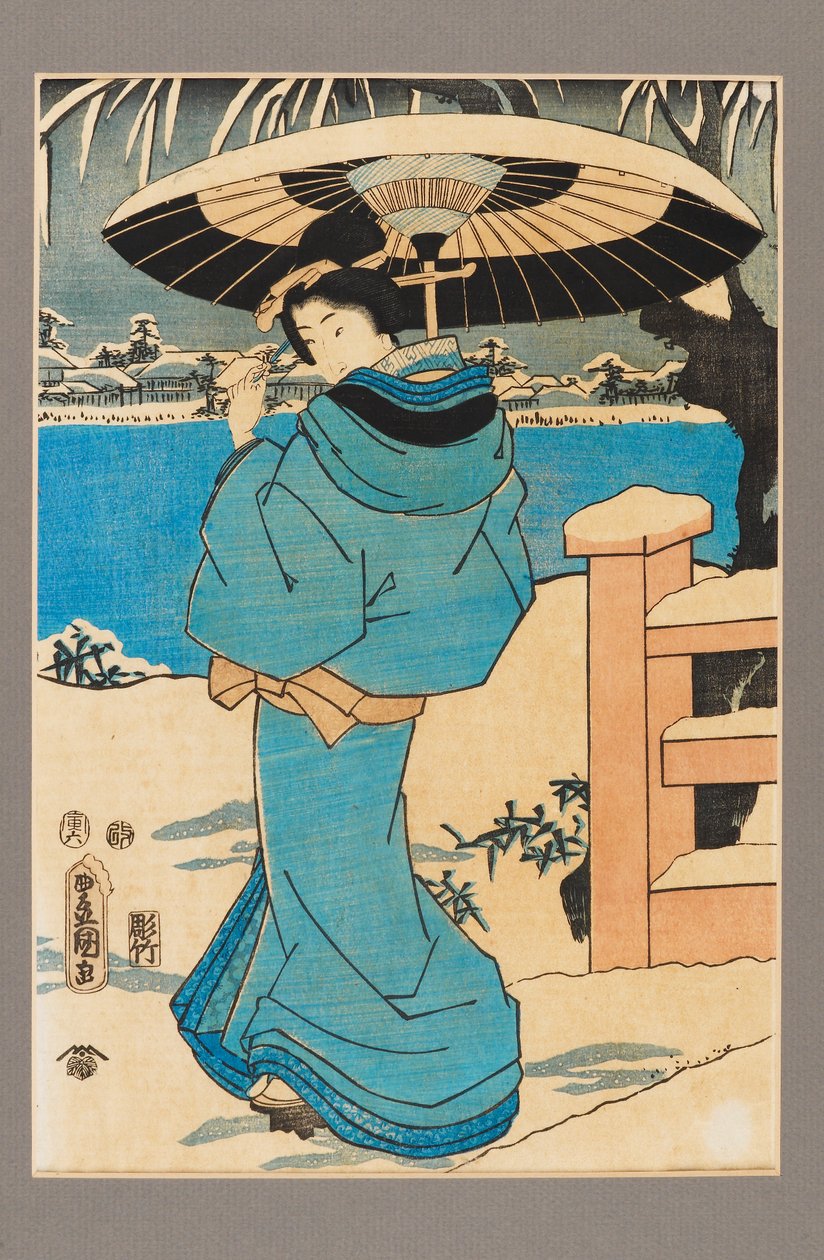 浮世绘版画--手持梳子的女子，约19世纪 作者 北川宇多郎