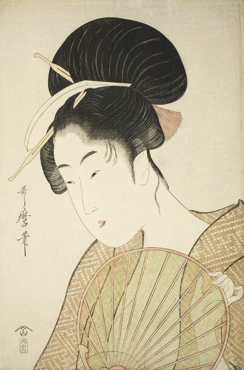 手持圆形风扇的女人，约1797年 作者 北川宇多郎