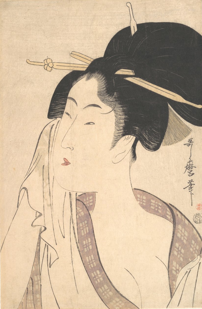 沐浴后放松的女人，1790年代。 作者 北川宇多郎