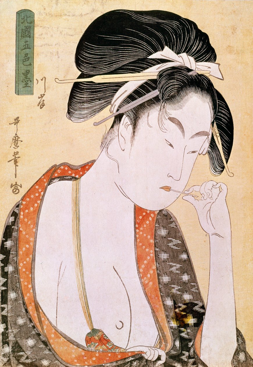 Woman craving the lips Japanese print by Utamaro Kitagawa (1753-1806). 18th century. Paris, Guimet Museum, Asian Arts Museum 作者 北川宇多郎