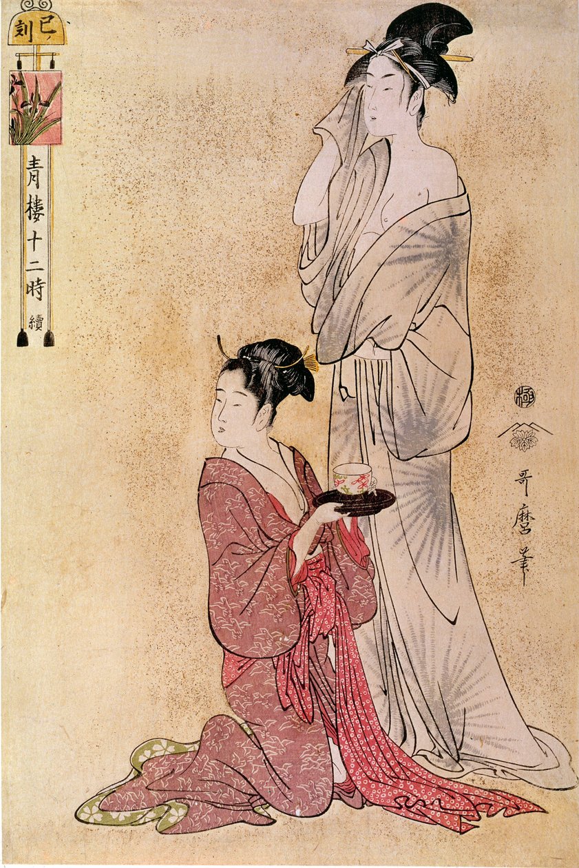 北川歌郎（1753-1806 年）的日本女仆版画帮助女人上厕所。 18世纪。 巴黎，吉美博物馆，亚洲艺术博物馆 作者 北川宇多郎