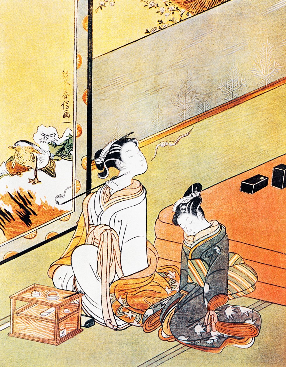 抽烟斗的女人，浮世绘艺术印刷品，土佐流派，木刻，日本文明，江户时代 作者 北川宇多郎