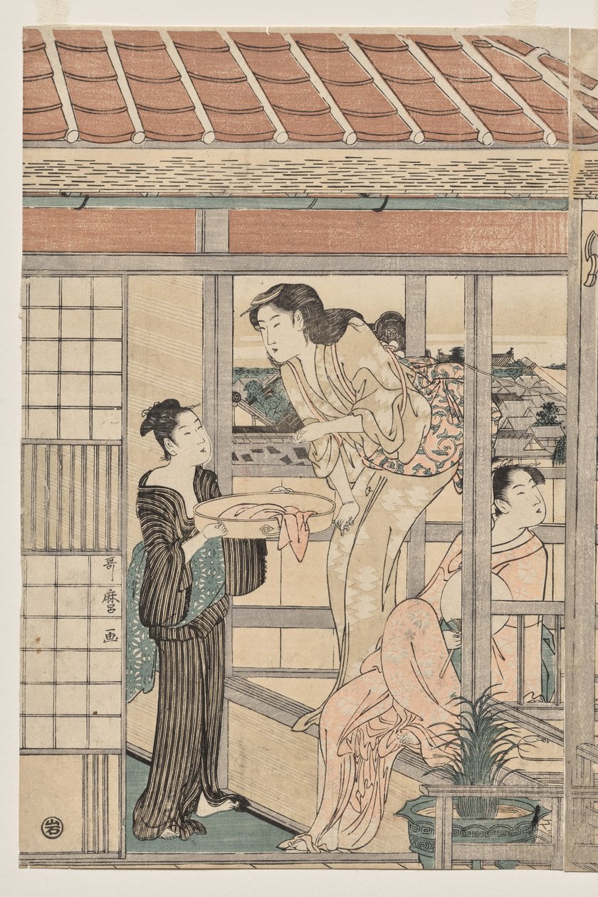 在阳台上晾晒衣物的妇女 作者 北川宇多郎