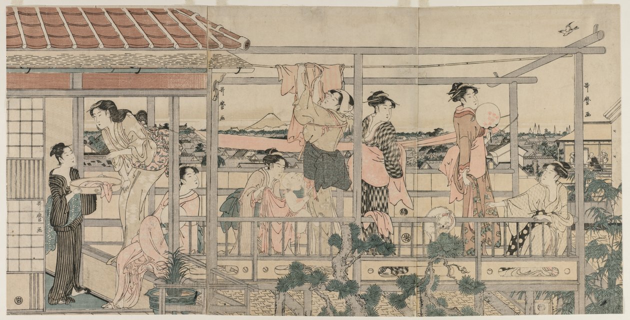 1790年代初期，妇女在阳台上晾干衣物。 作者 北川宇多郎