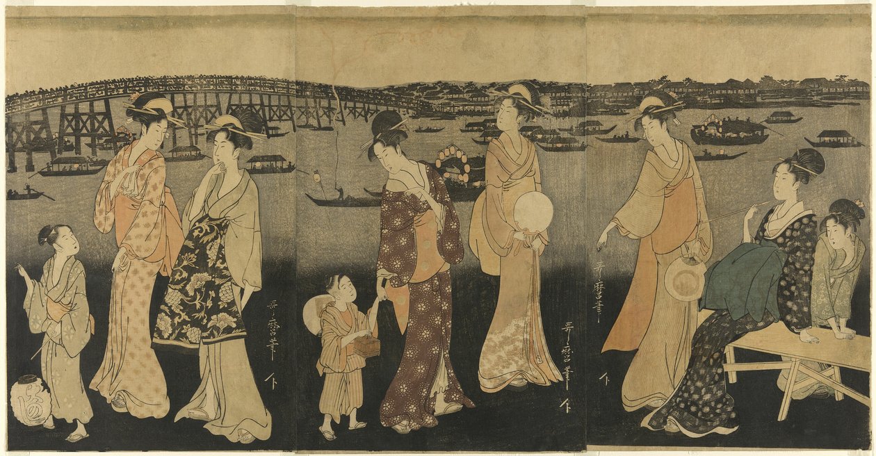 在隅田川观看烟花的妇女 作者 北川宇多郎