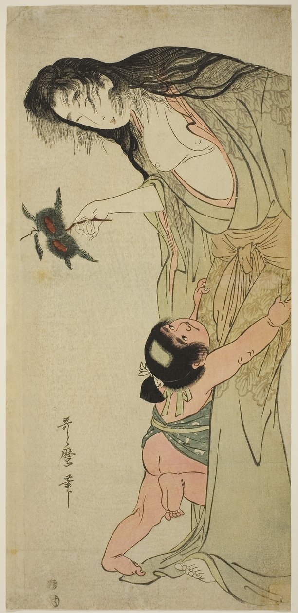山叶拿着栗子，而金太郎伸手去拿，约 1804-5 年（彩色木刻版画；naga-oban） 作者 北川宇多郎