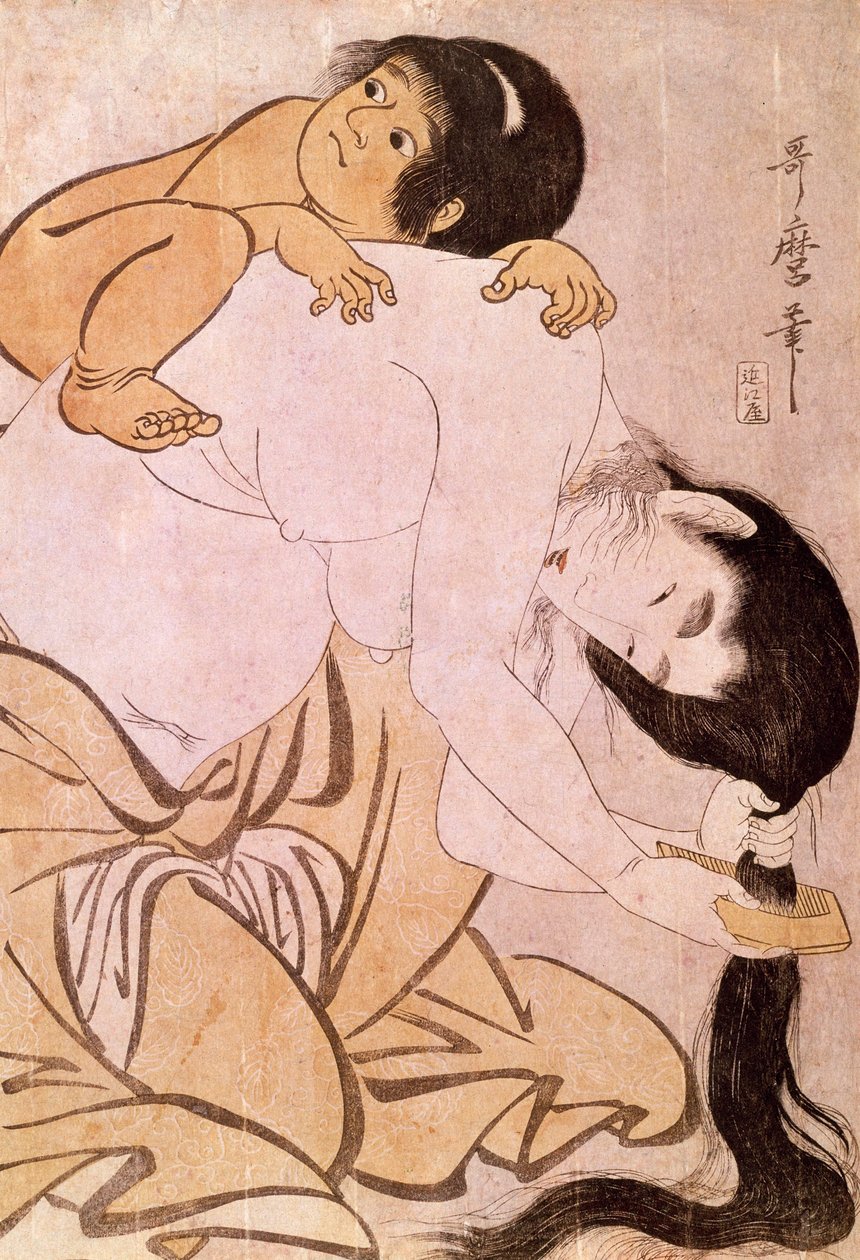 山羽和金时 母亲背着孩子梳头。 日本版画 北川歌马郎（1753-1806）。 18世纪。 巴黎，吉美博物馆，亚洲艺术博物馆 作者 北川宇多郎