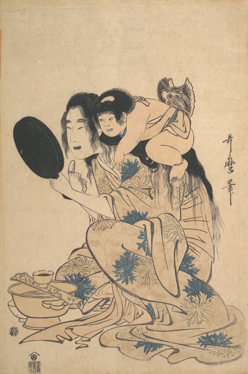 Yamauba黑化她的牙齿和Kintoki，约1795年。 作者 北川宇多郎