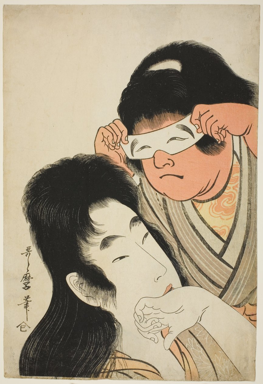 山叶与手持玩具面具的金太郎，约 1801-4 年（彩色木刻版画；韫） 作者 北川宇多郎