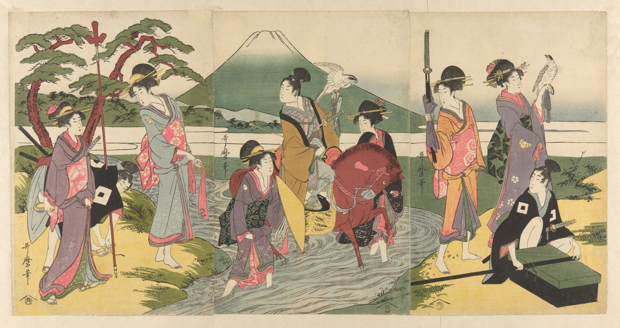 年轻人一行在富士山前渡过溪流 作者 北川宇多郎