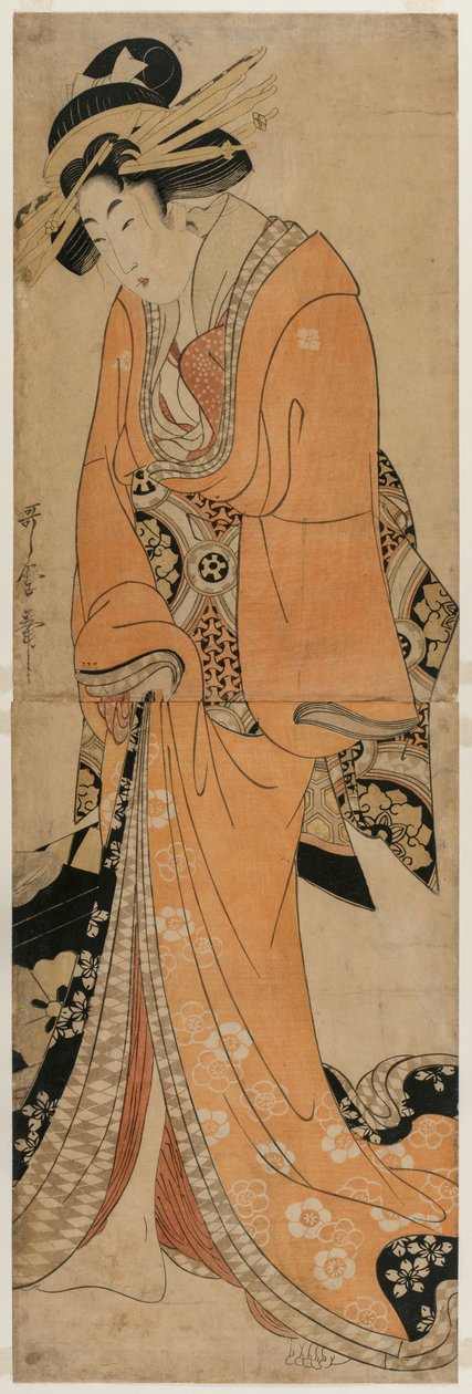 站在三味线琴盒旁的艺伎 作者 北川羽太郎二世