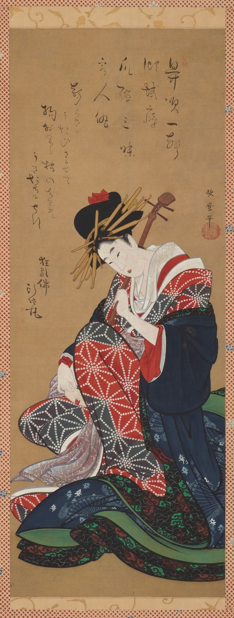 三味线演奏家，江户时期，18世纪末至19世纪初。 作者 北川羽太郎二世