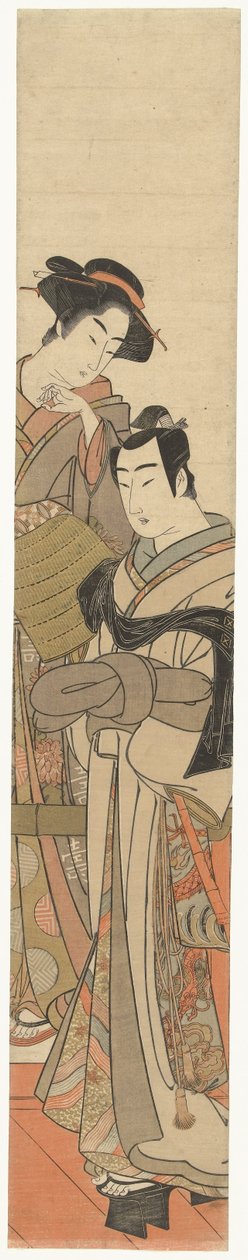 一位女士和一位乔装打扮的年轻人
头戴柳条帽的年轻人与女士 作者 北尾政信（归属于）