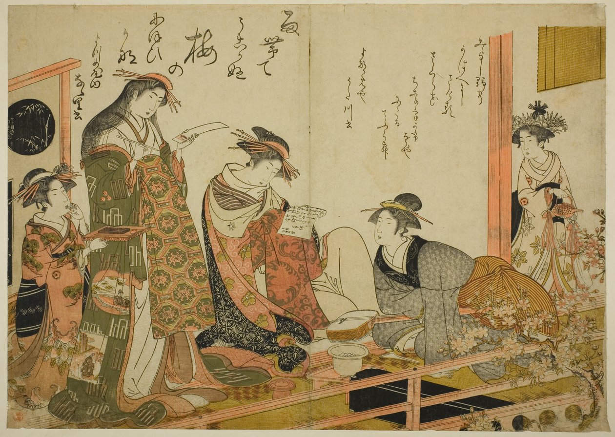 来自四梦屋的歌妓宇多川和七里，选自专辑 "吉原新美人比较--她们自己的作品之镜（Keisei shin bijin awase jikihitsu kagami）"。 作者 北尾正信