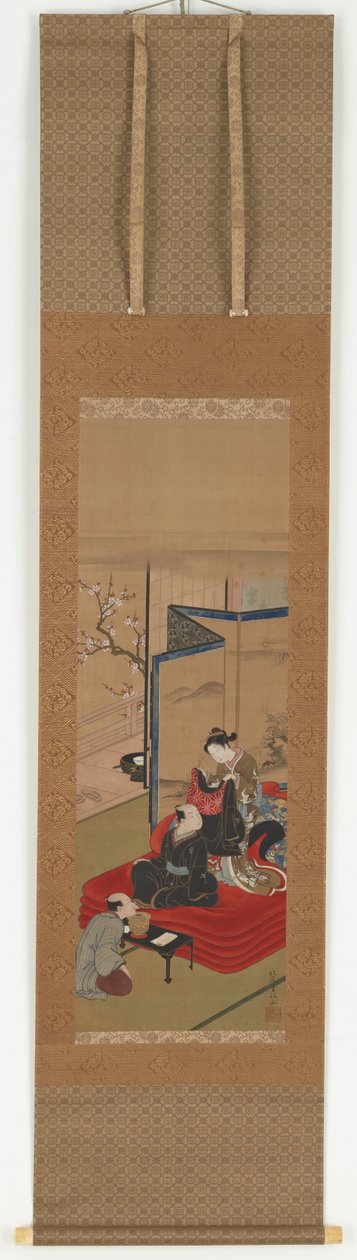 一个宫女帮助一个男人穿衣服，江户时期，18世纪中期至19世纪初。 作者 北尾重正