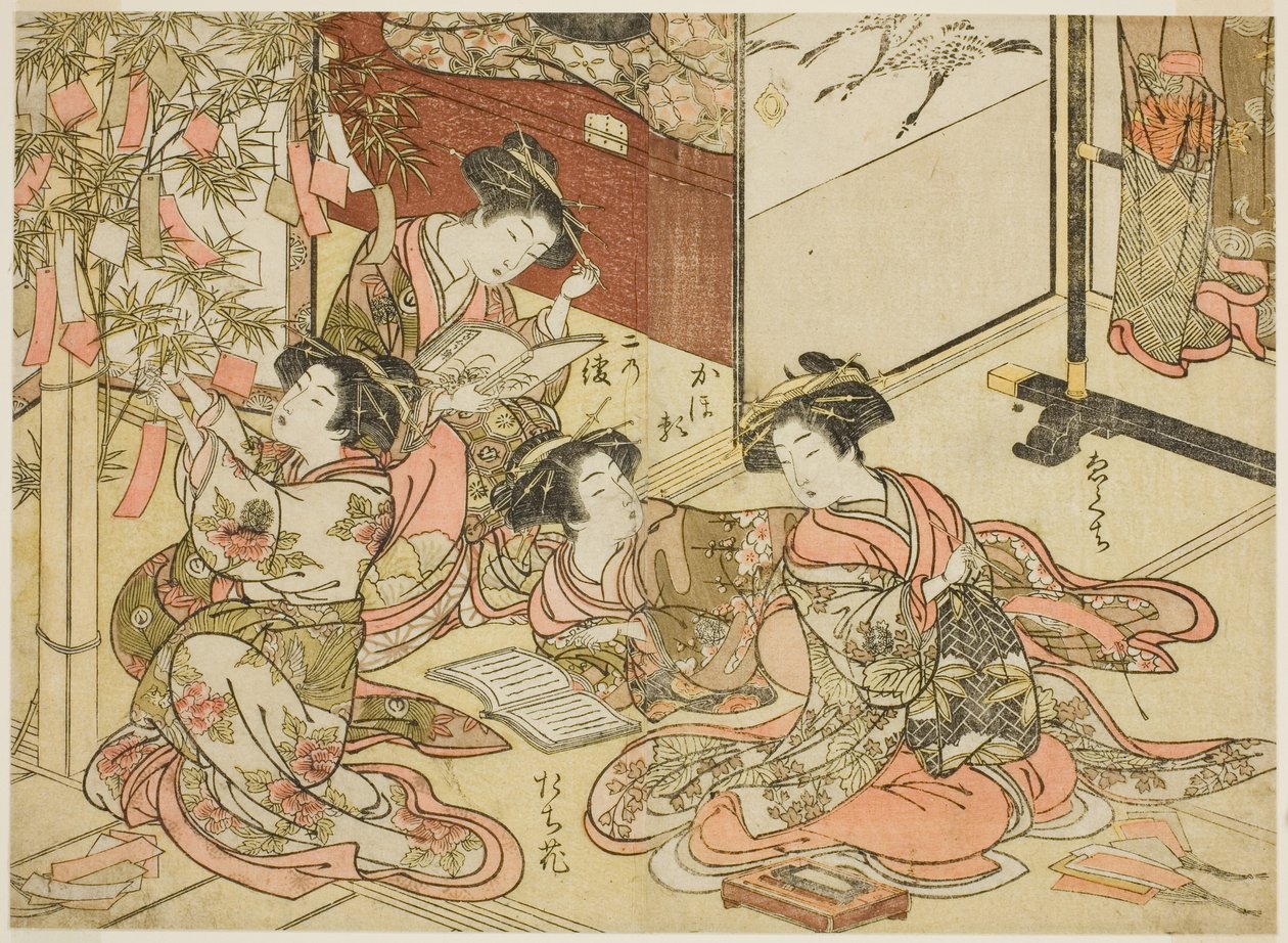 新金屋的歌妓》，选自 "妓院美女镜（Seiro bijin awase sugata kagami）"系列，第 2 卷。 作者 北尾重正