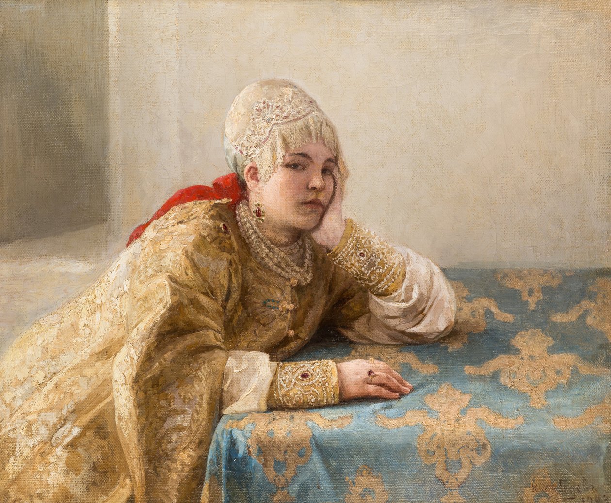 Fille de boyard (boiar) - Boyar的女儿，由Lebedev, Klavdi (Klavdy) (1852-1916)创作。布面油画 作者 克拉维迪·瓦西里耶维奇·列别杰夫（Klavdiy Vasilievich Lebedev）