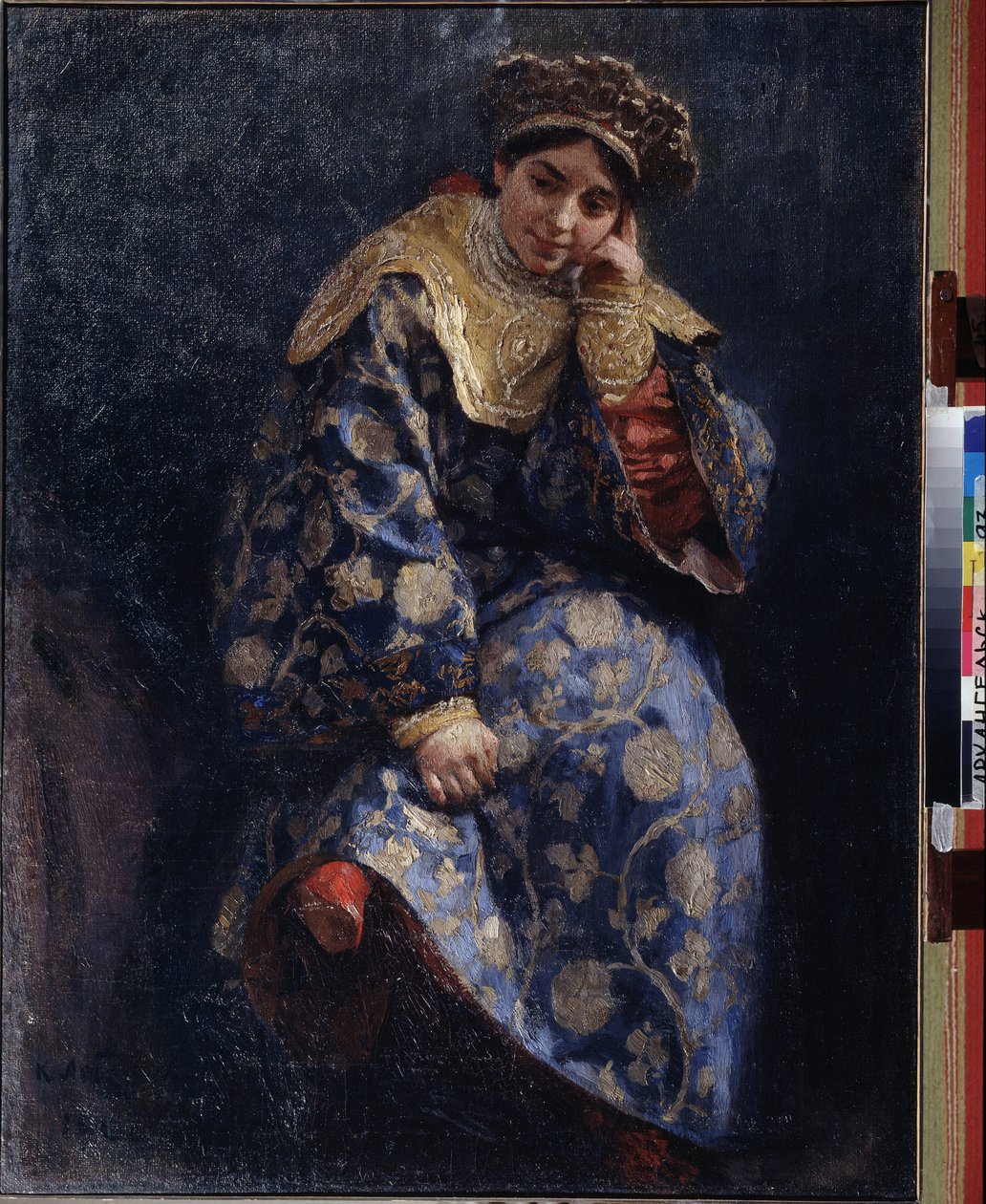 博雅尔的女儿1598 年至 1613 年动乱时期俄罗斯传统贵族的年轻女性肖像。克拉夫蒂-瓦西里耶维奇-列别杰夫（1852-1916 年）的画作，布面油画 作者 克拉维迪·瓦西里耶维奇·列别杰夫（Klavdiy Vasilievich Lebedev）