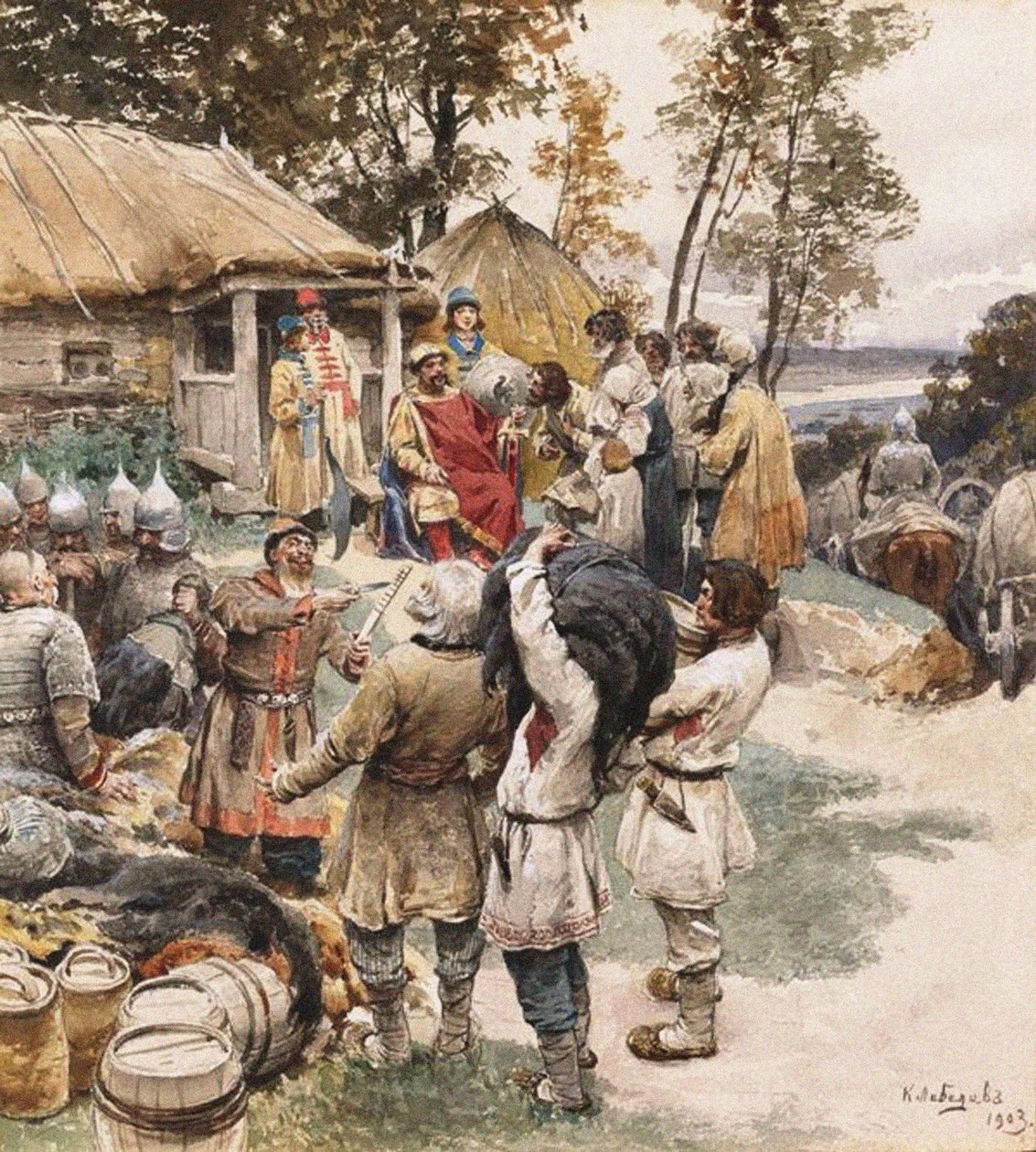 Poliudie收集致敬。基辅·伊戈尔（Igor）从Drevlyans手中奉献的贡品，1903年 作者 克拉维迪·瓦西里耶维奇·列别杰夫（Klavdiy Vasilievich Lebedev）