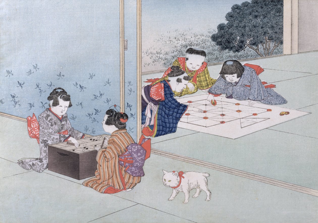 1888年儿童游戏系列中的步步高和武藏（彩色木刻） 作者 小林英策