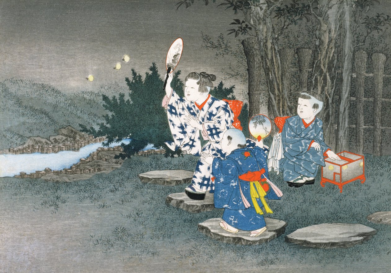 捕捉1888年儿童游戏系列中的萤火虫（彩色木刻） 作者 小林英策