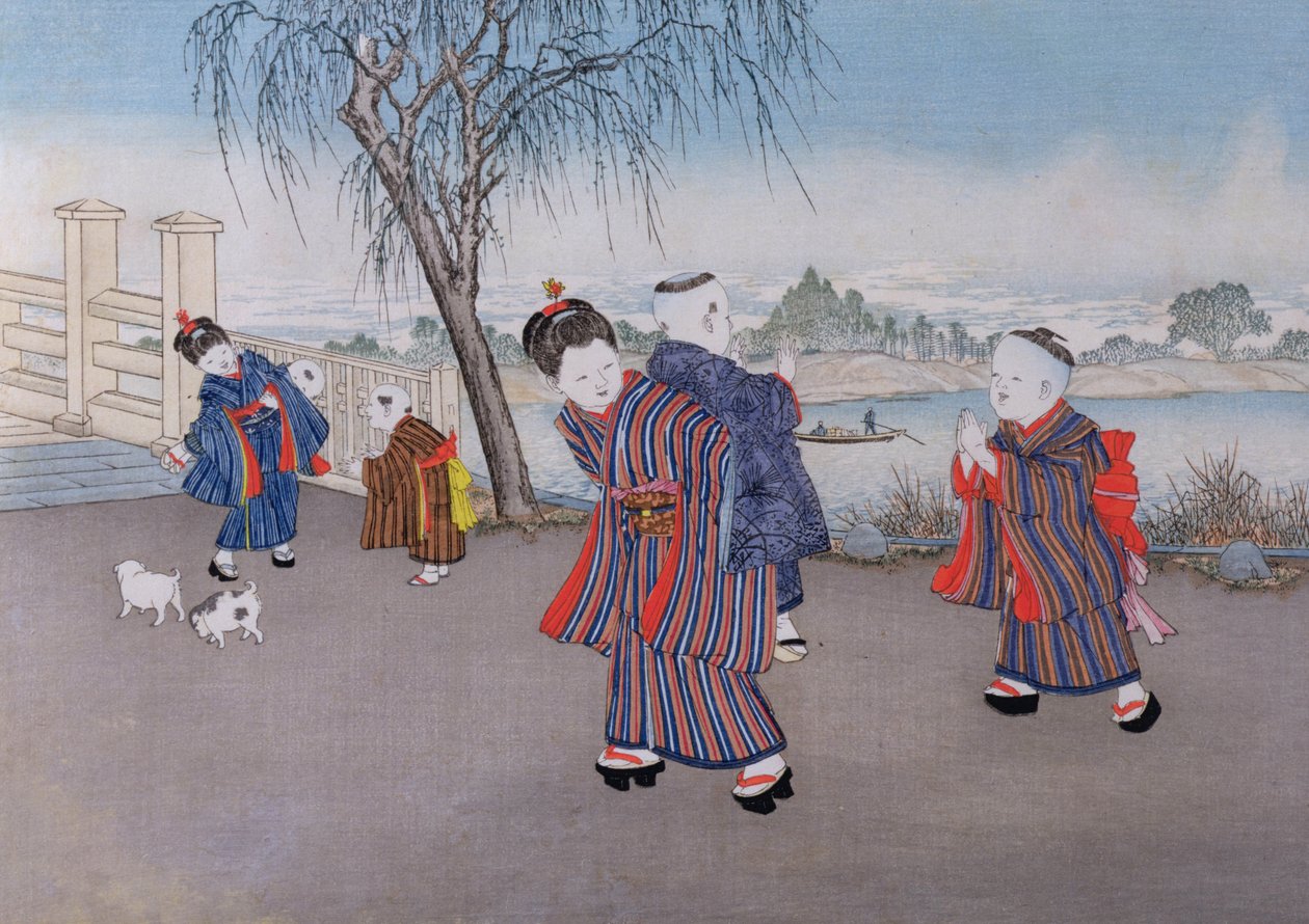 从1888年的儿童游戏系列中走过一条河（彩色木刻） 作者 