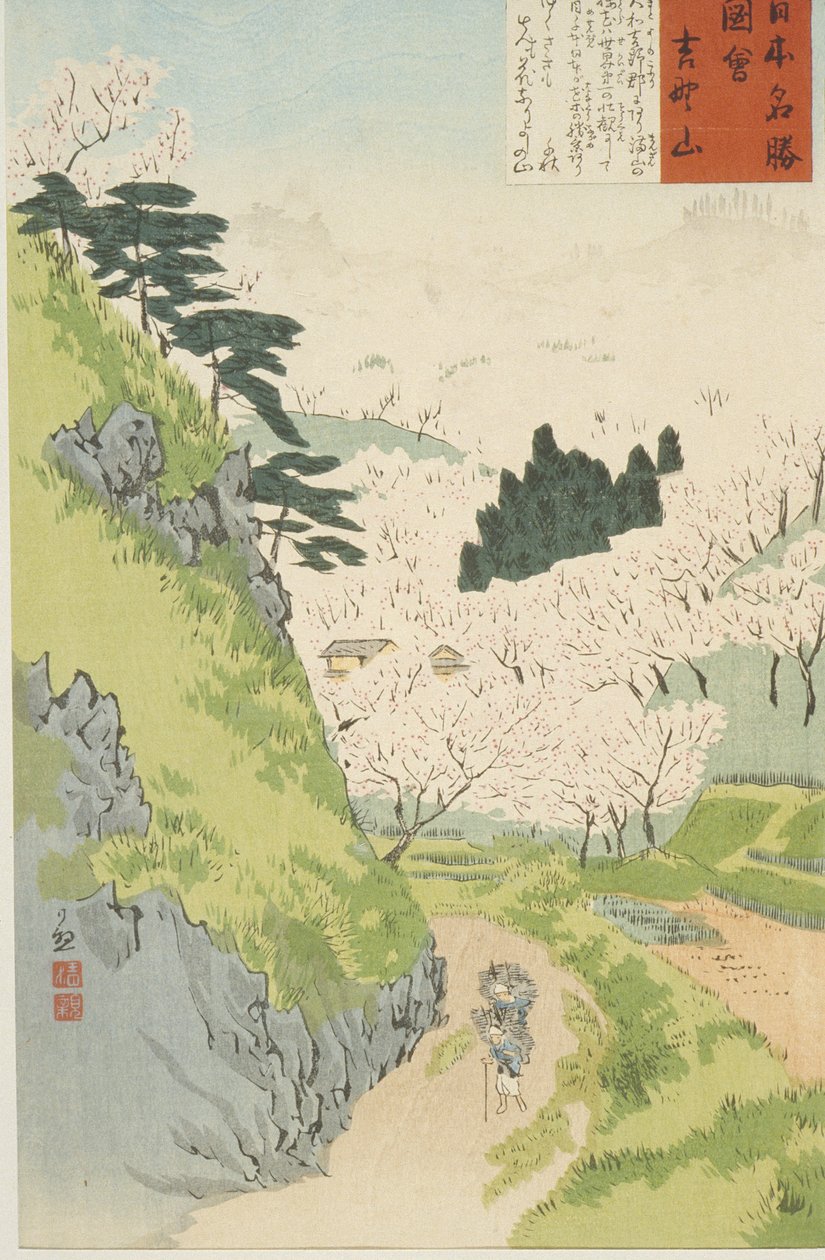 公吨。 1897年日本名品草图中的吉野，樱花或吉野山（彩色木版画） 作者 小林清一