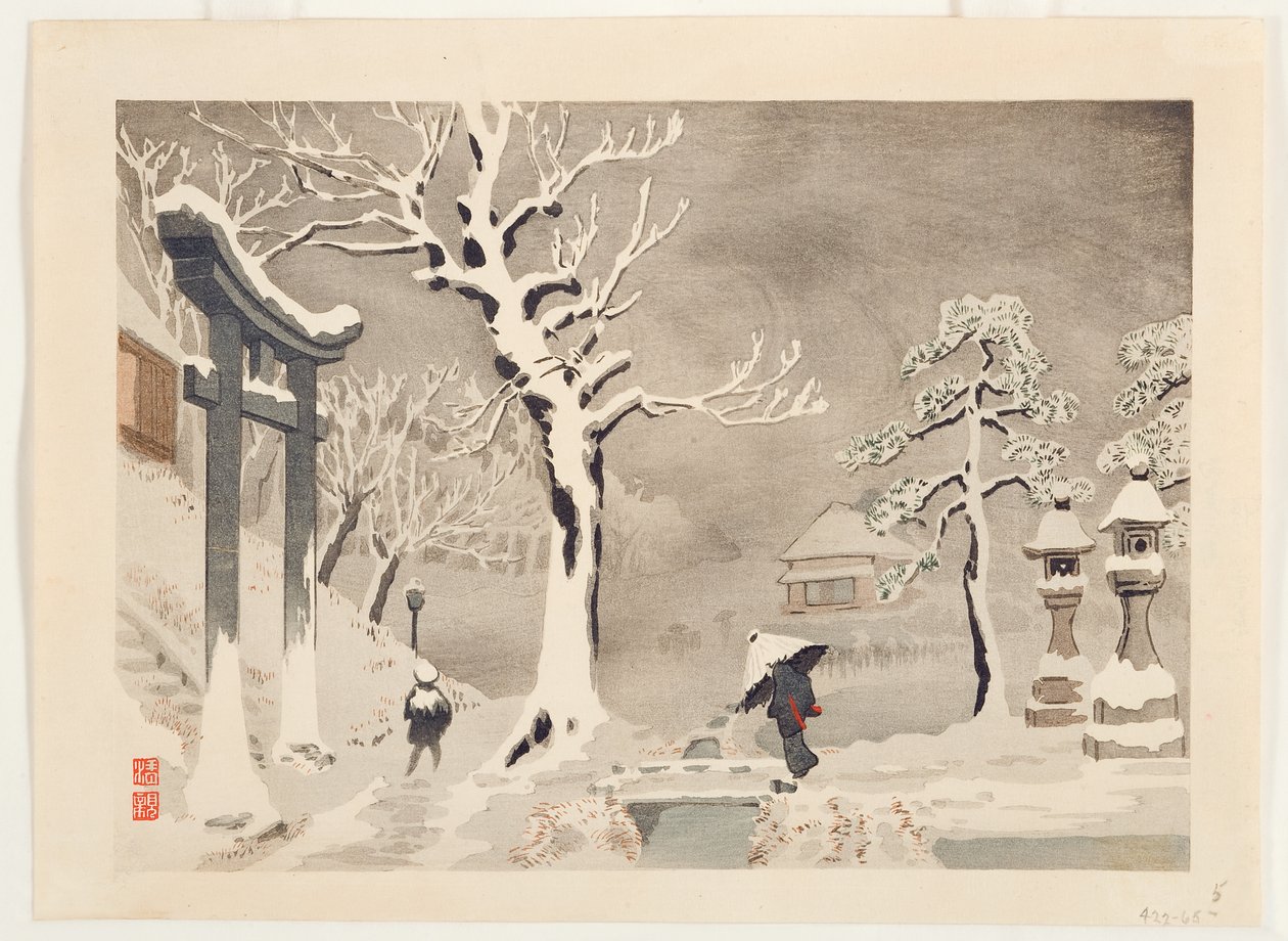 1919年，Mukojima，Mimeguri Shrine的堤防下的雪景（木刻） 作者 小林清一