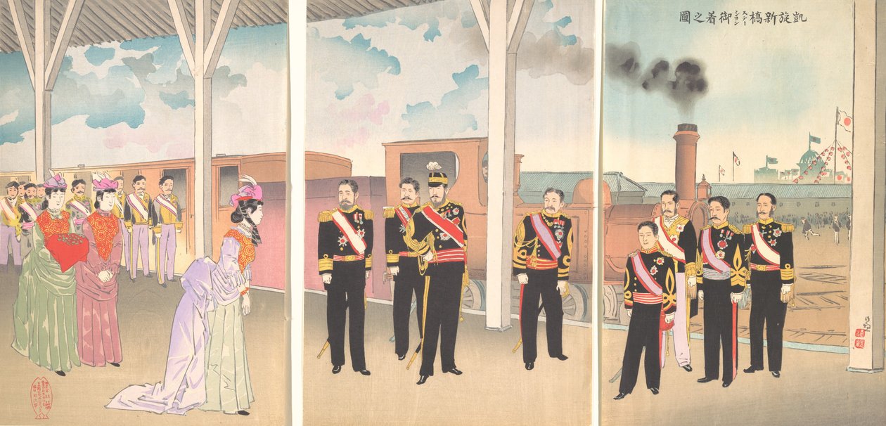 天皇抵达新桥车站的插图，跟随胜利的盖斯......，1895年。 作者 小林清一