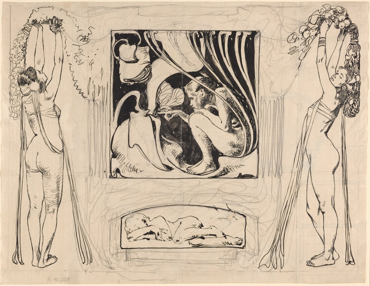 夏天的寓言，1896 年或之后（钢笔和墨水画） 作者 科洛曼·莫泽（Koloman Moser）
