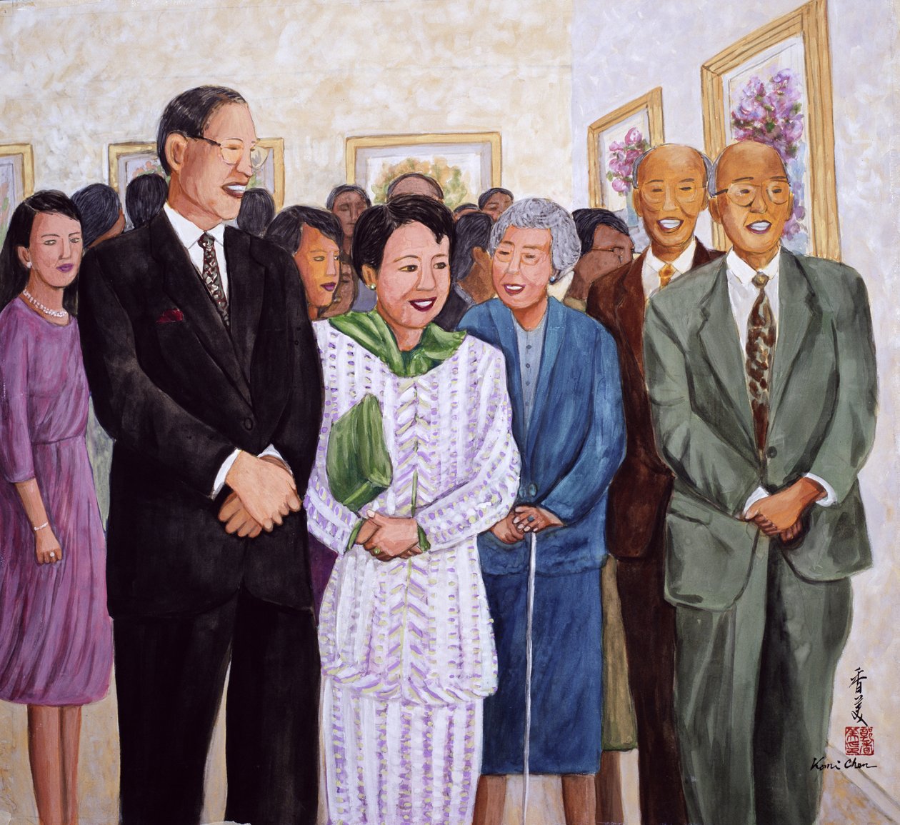 展览（前总统和李女士）1995年（丝绸水粉画） 作者 陈美
