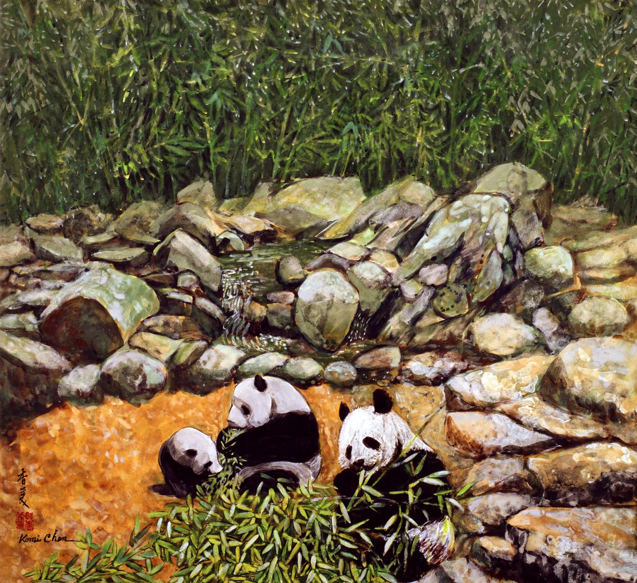 幸福家庭（熊猫）1993（丝绸上的水粉） 作者 陈美